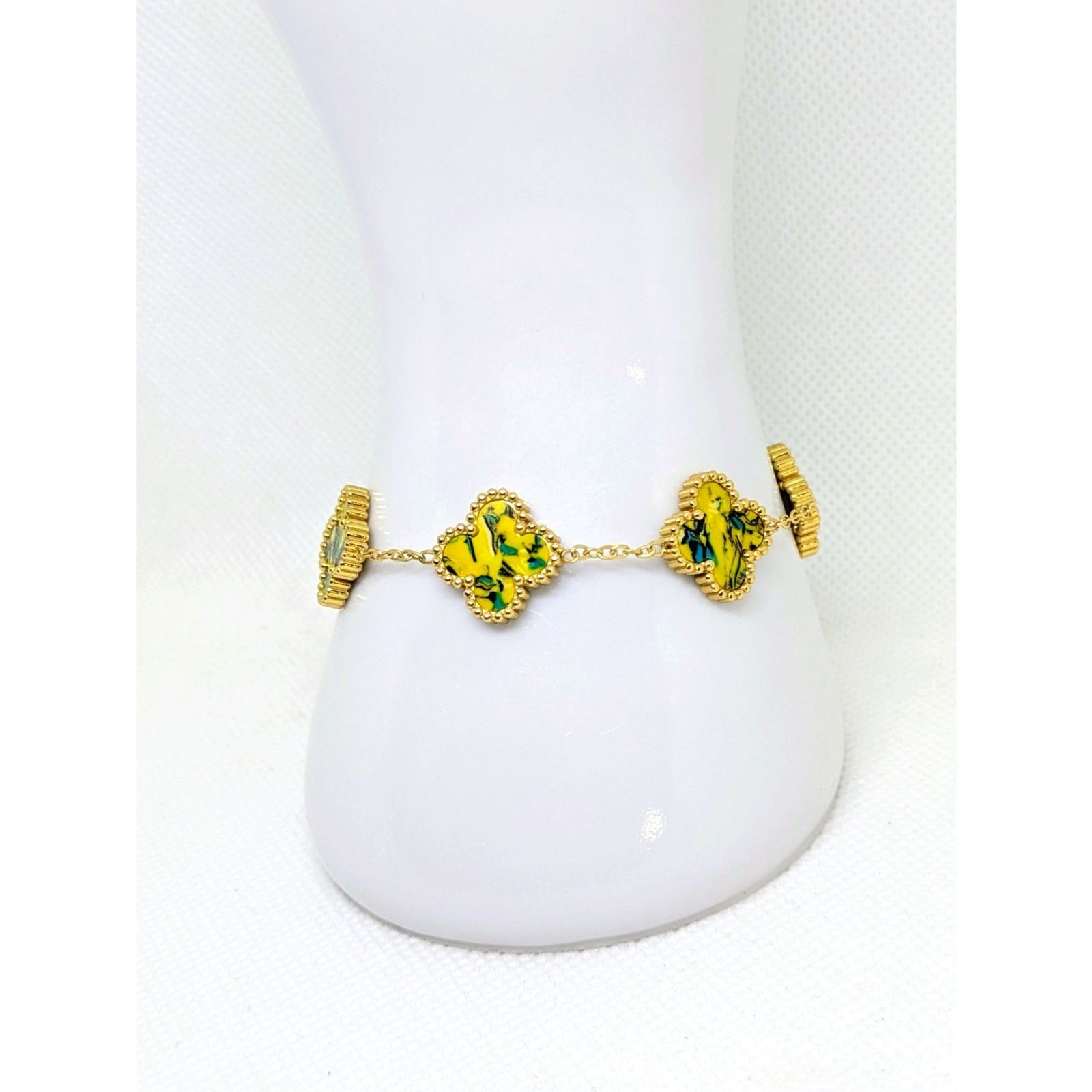 Gold Stainless Steel Yellow Marbled Women’s Clover Bracelet 6-8 inch adjustable