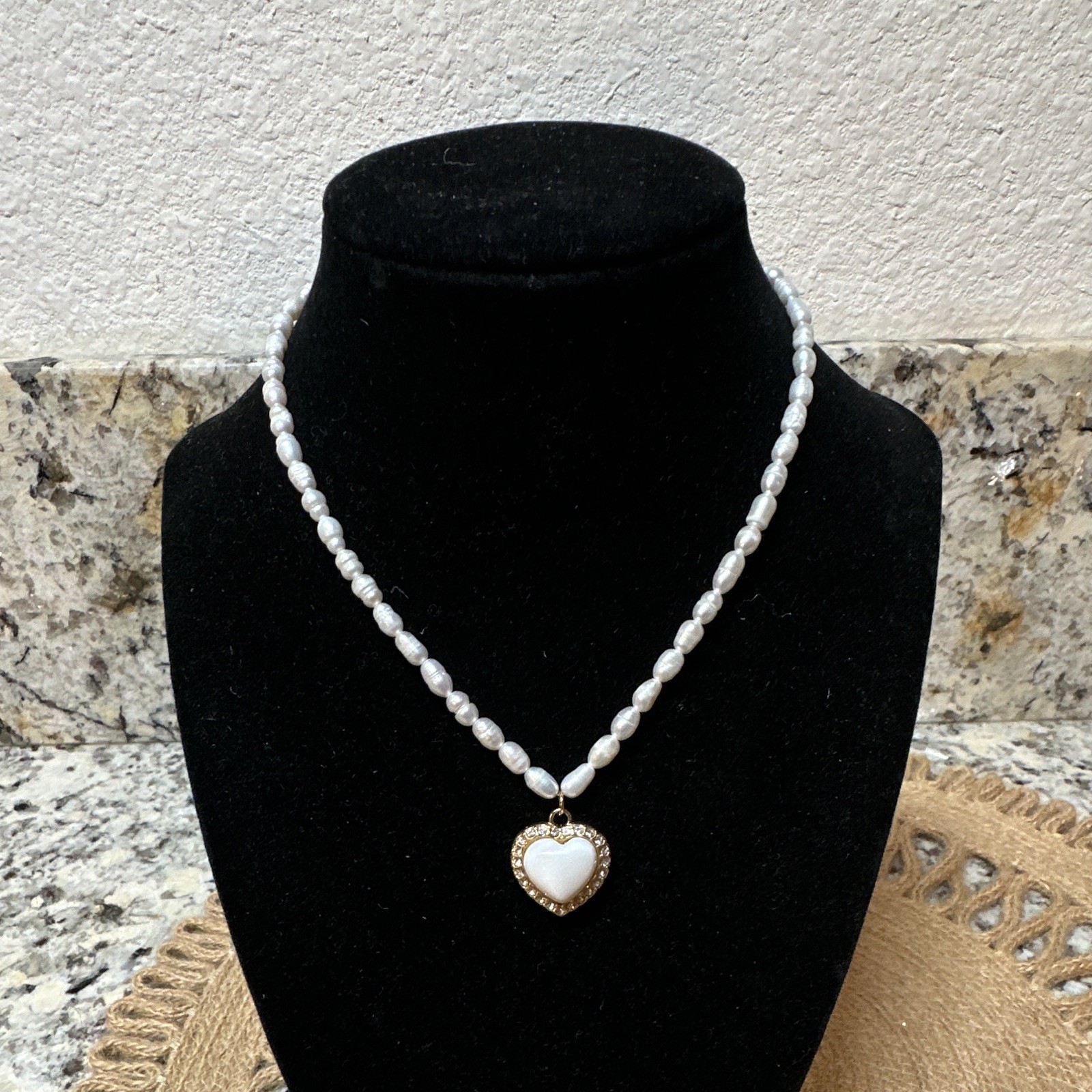 White Pearl Beaded Necklace, Gold Tone Heart Charm Pendant, Adjustable Lobster