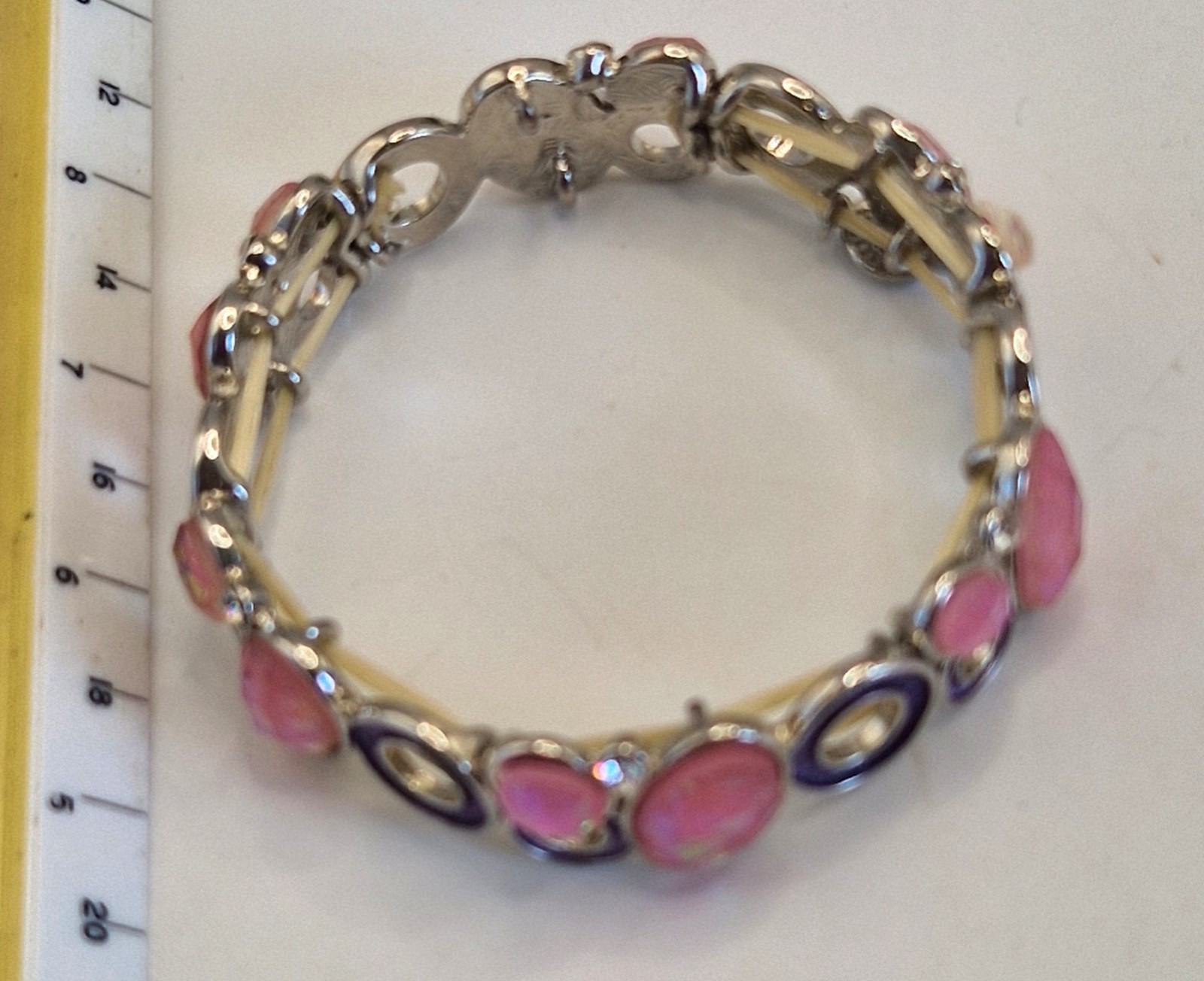 Silver Tone Stretch Bar Link Bracelet Pink Oval Glass Cabochons Purple Enamel