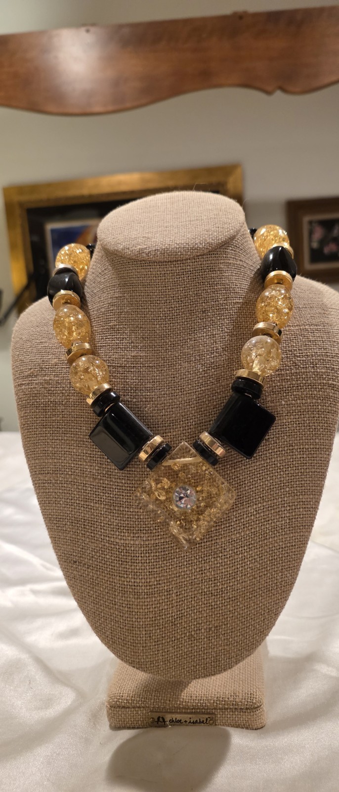 Vintage Lucite Crackle Beads Statement Necklace Square Pendant Rhinestone