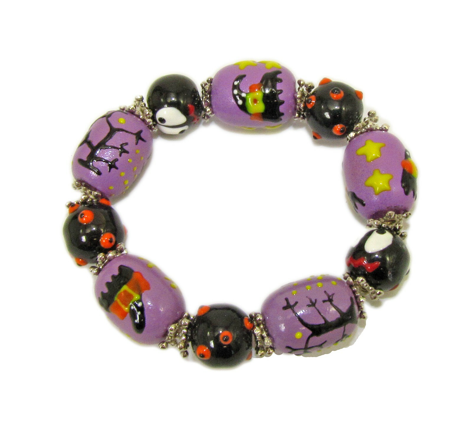 Spooky Halloween Themed Glass Beaded Stretch Bracelet, Ghost, witch bracelet