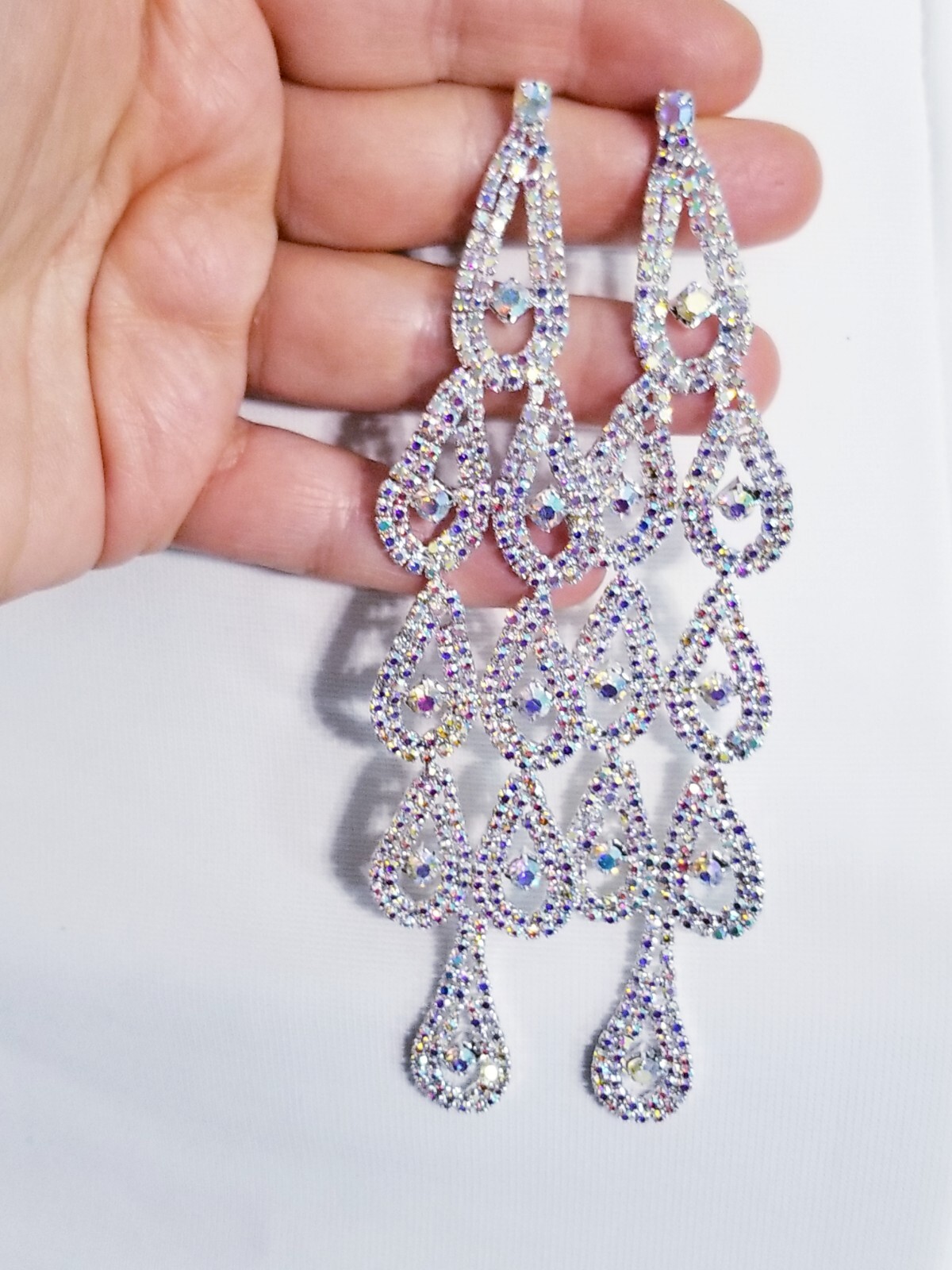 Bridesmaid Drop Dangle Chandelier Earrings 5.8 inch AB Rhinestone Pageant Prom