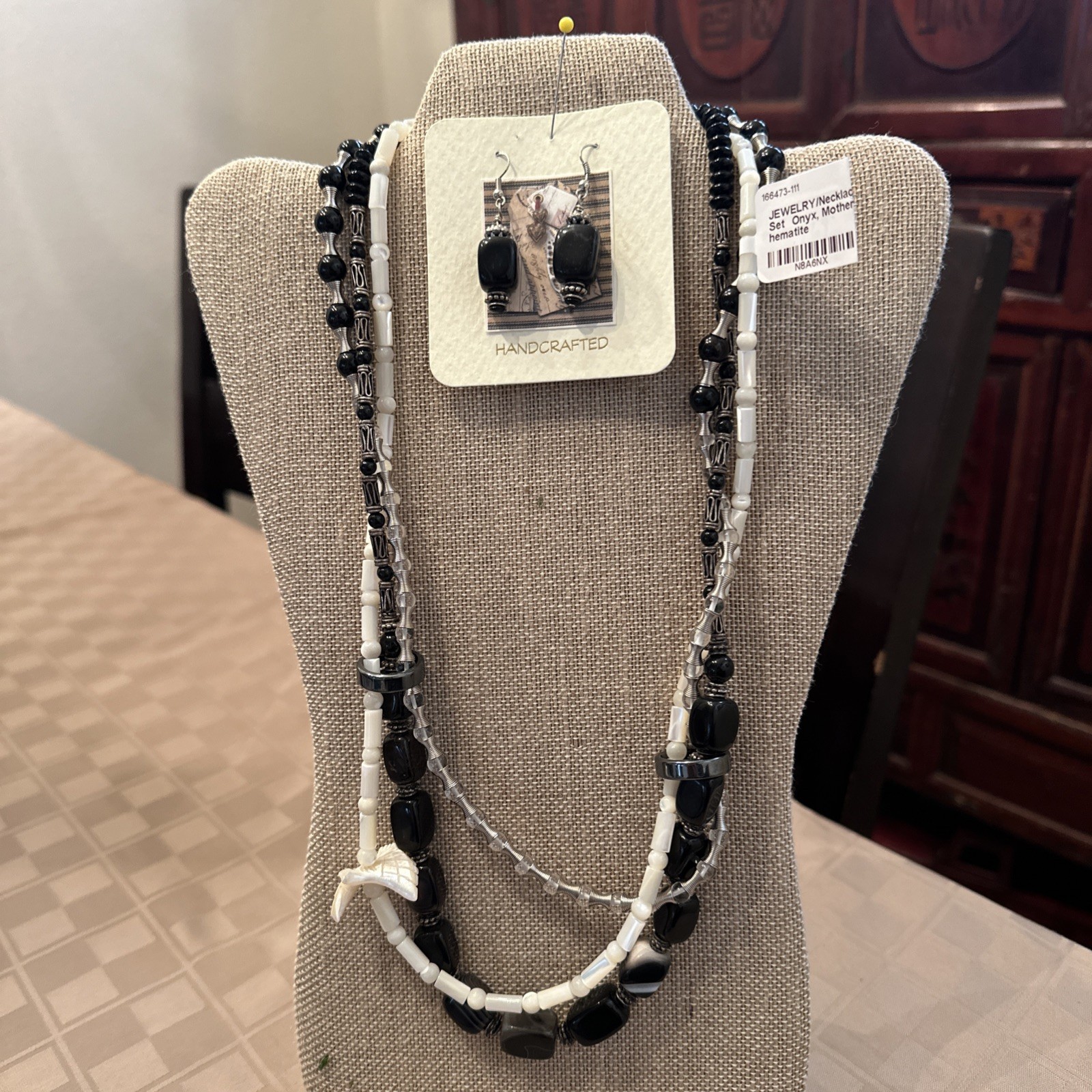 Boho multi strand necklace onyx mother pearl hematite designer statement set.