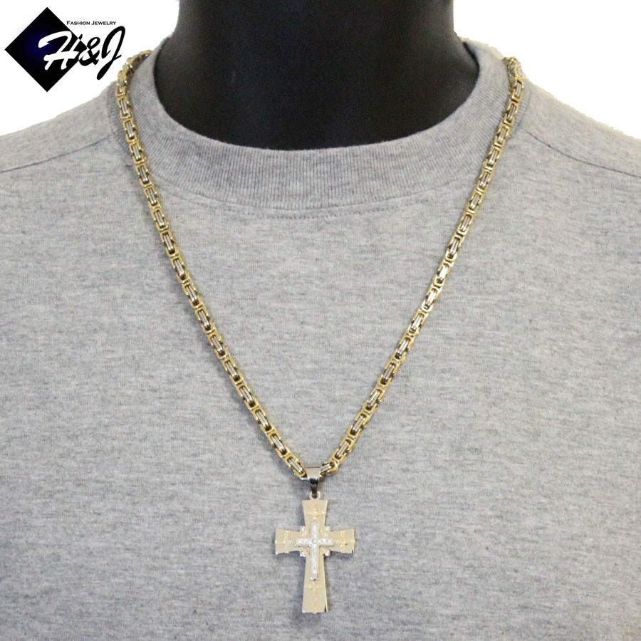 24″MEN Stainless Steel 4mm Silver/Gold Plated Box Link Chain CZ Cross Pendant*S7