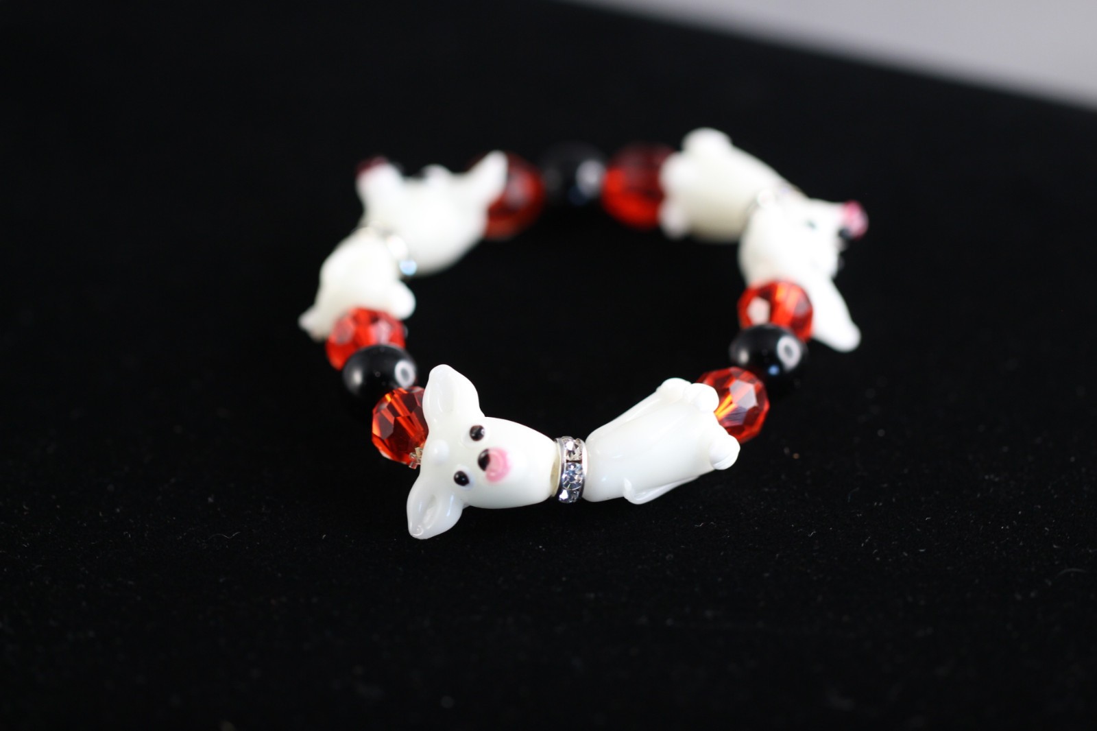 Dog Lampwork Bracelet 6.5″ inch Elastic Glass Beads Red Crystal Black Onyx