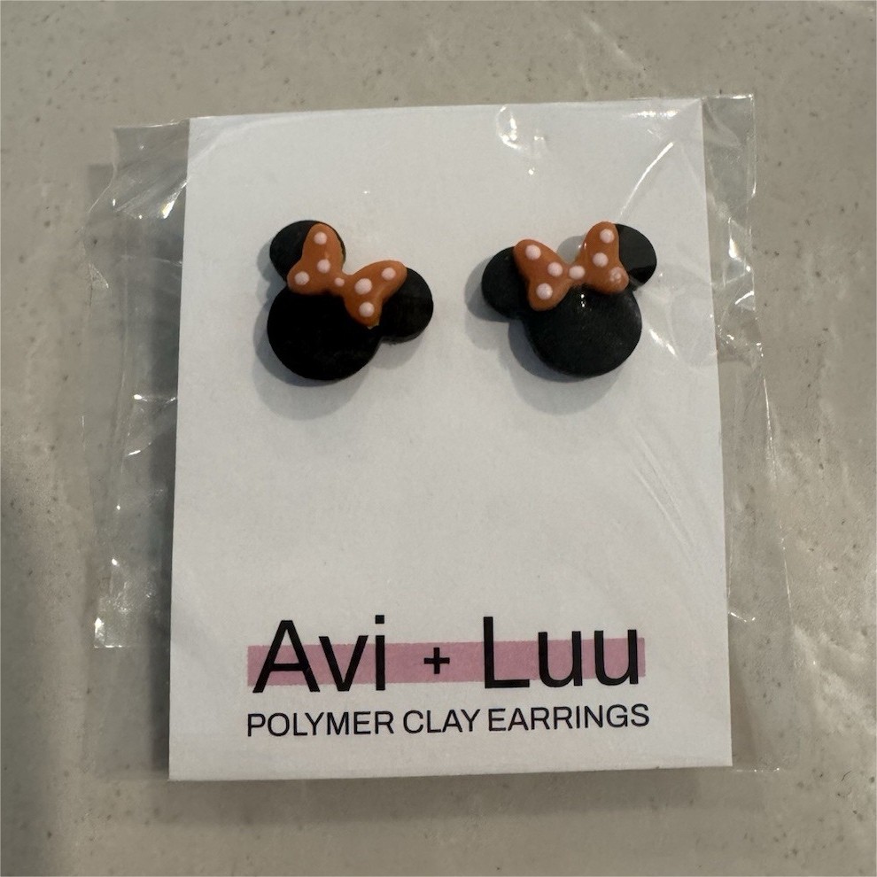 Avi + Luu Polymer Clay Minnie Mouse Bow Stud Earrings Black Butterfly Back