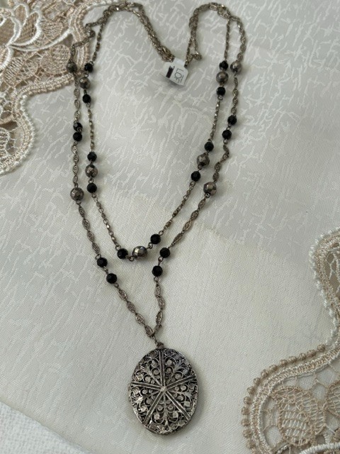 Ann Taylor LOFT 29” Double Chain Silvertone Filigree Necklace with Locket, 1.75″