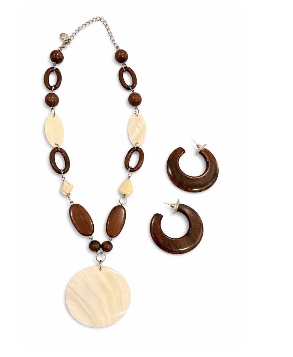 Cookie Lee Brown Cream Statement Necklace Earring Set Chunky Boho Shell Pendant