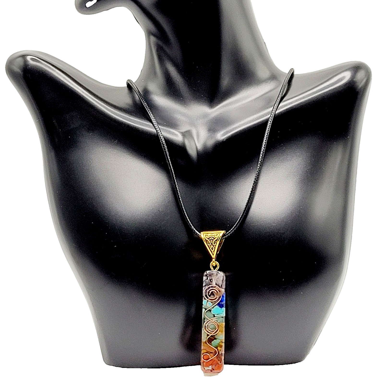 Modern Stone Chip Chakra Healing Meditation Pendant Faux Leather Cord Necklace