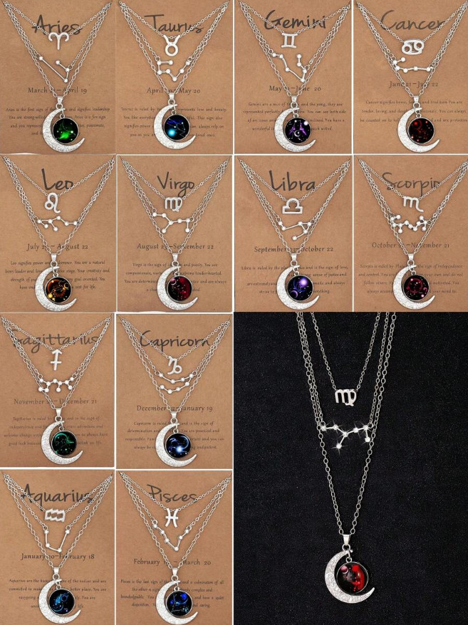 3 Pack Zodiac Constellation Pendant Necklaces – 12 Stars Astrology Jewelry Set