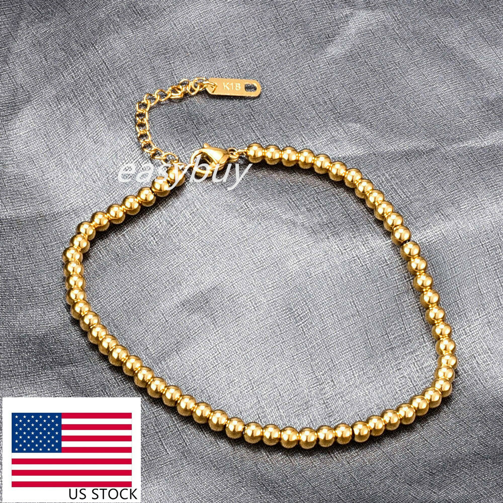 3&4mm Woman 18K Gold Plated Stainless Steel Chain Bead Ball Bracelet Cuff