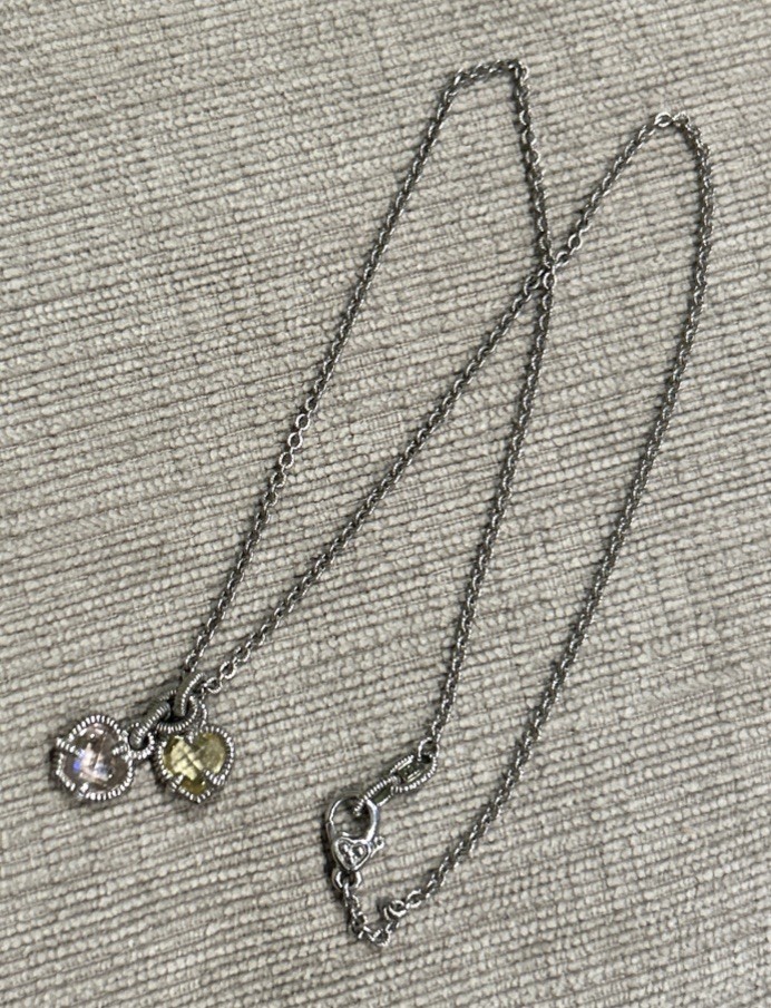 Judith Ripka Silver 16″ Necklace Pink/yellow Twin Heart Pendant