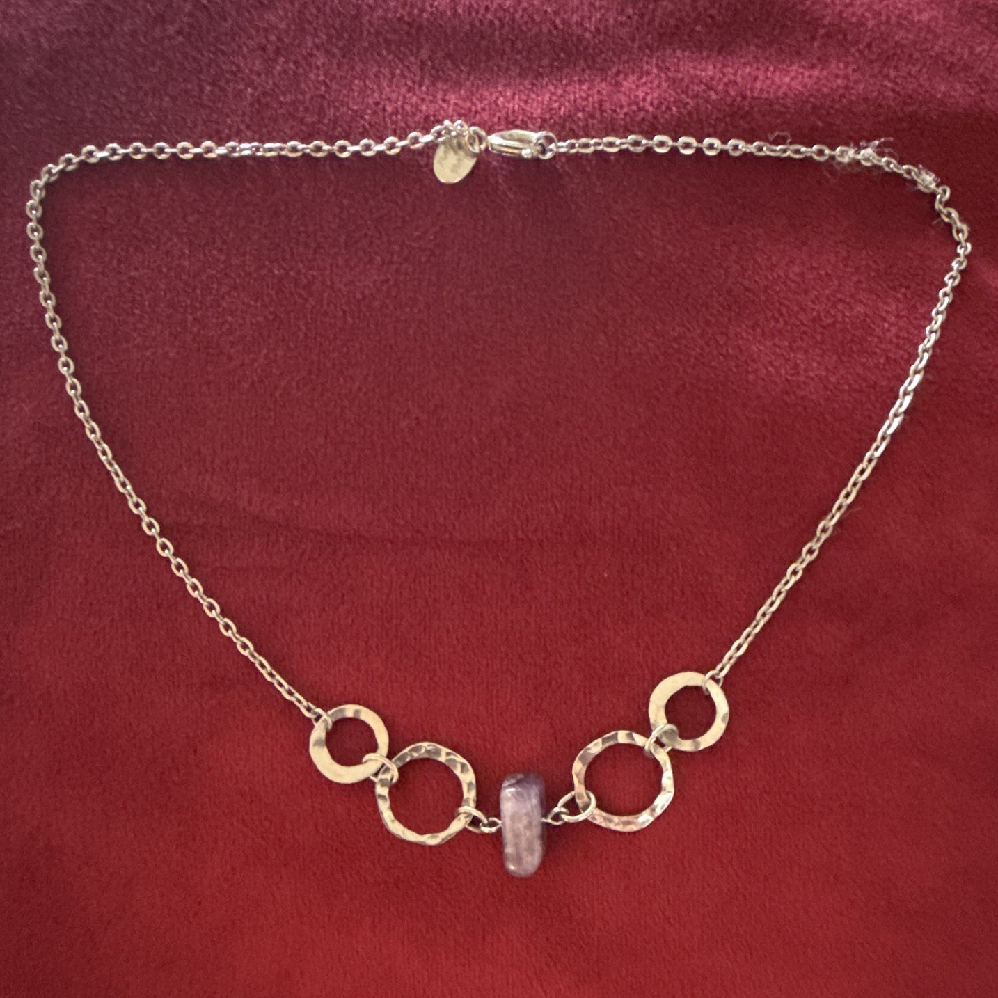 Signed Park Lane Silver Tone Chain Necklace Bar Charm Purple Crystal Bezel