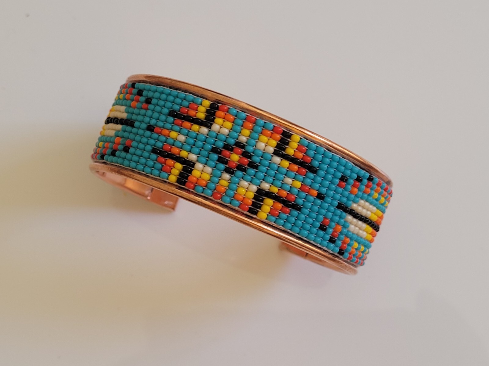 Native American Style Copper Seed Beaded Adjustable Bracelet Cuff Blue Feather