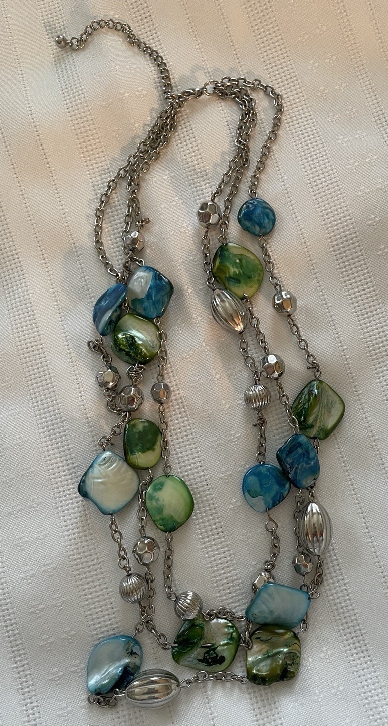 2 Iridescent Shell Bead & Metal Accent Necklaces / Pair Matching Clip Earrings