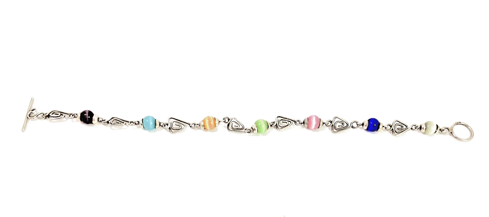 925 Silver & Multicolored Cat’s Eye Glass Triangle Link Chain Bracelet 8 in long