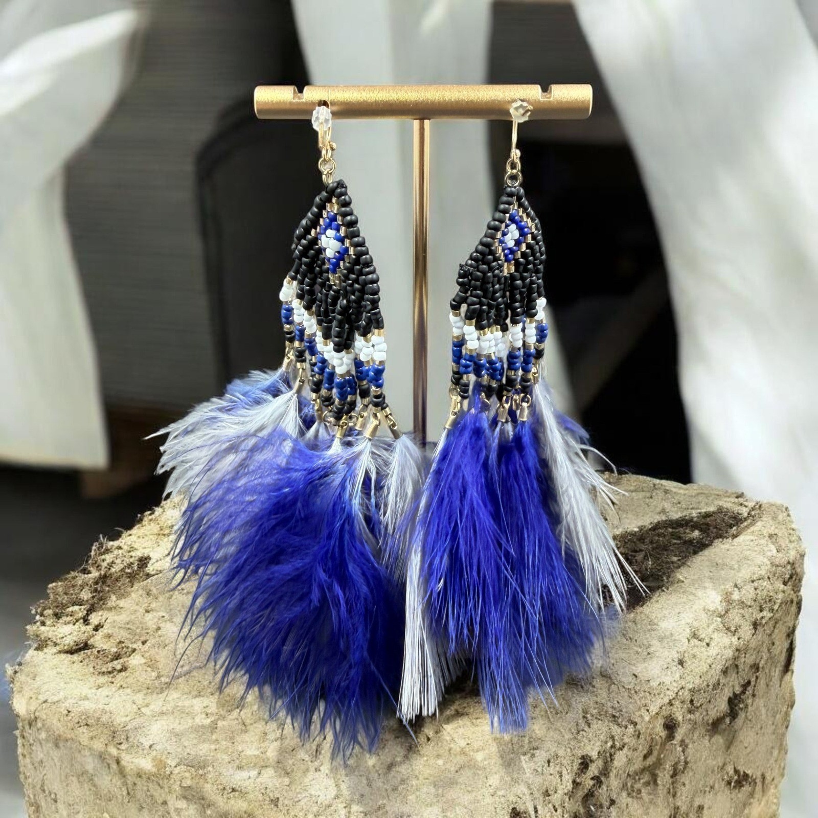 NWT Express Beaded Feather Earrings Blue Black Boho Festival Statement Drop