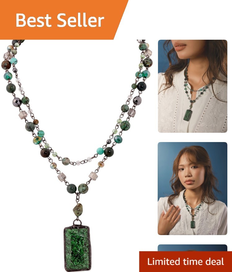 Handmade Boho Layered Necklace with Green Aventurine Pendant – Vintage Charm