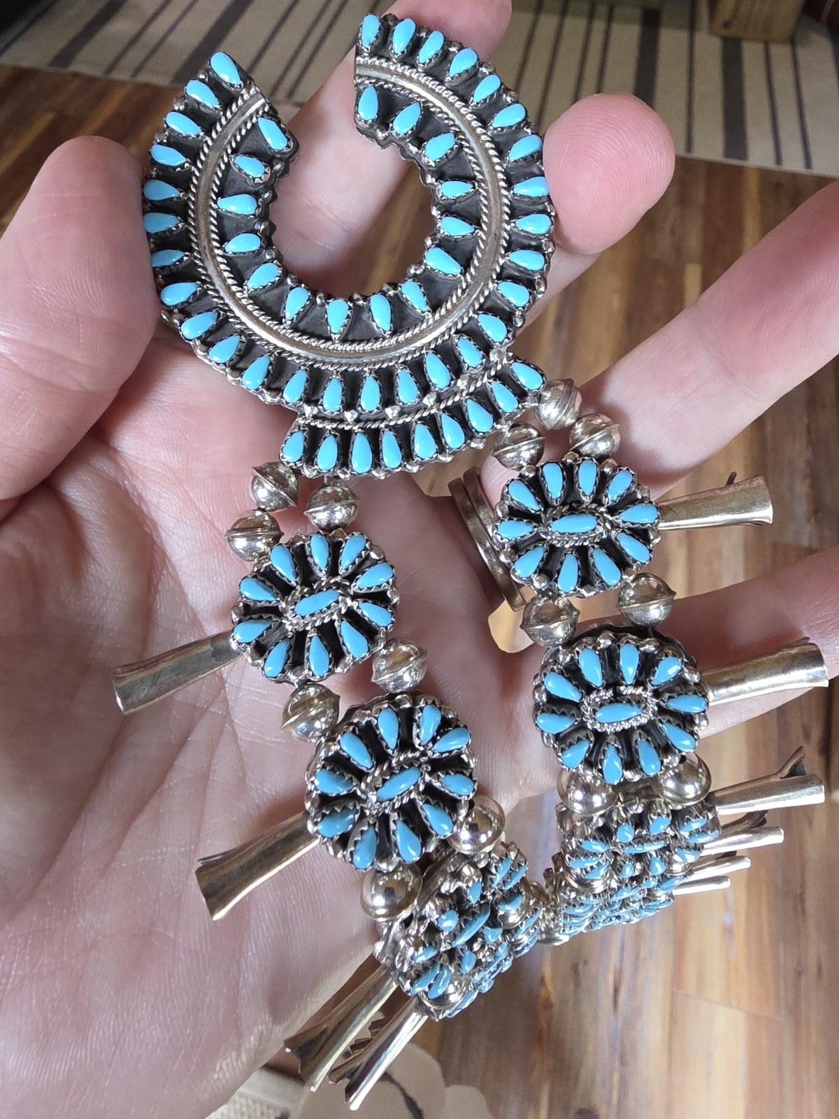 Reversible turquoise & coral squash blossom necklace