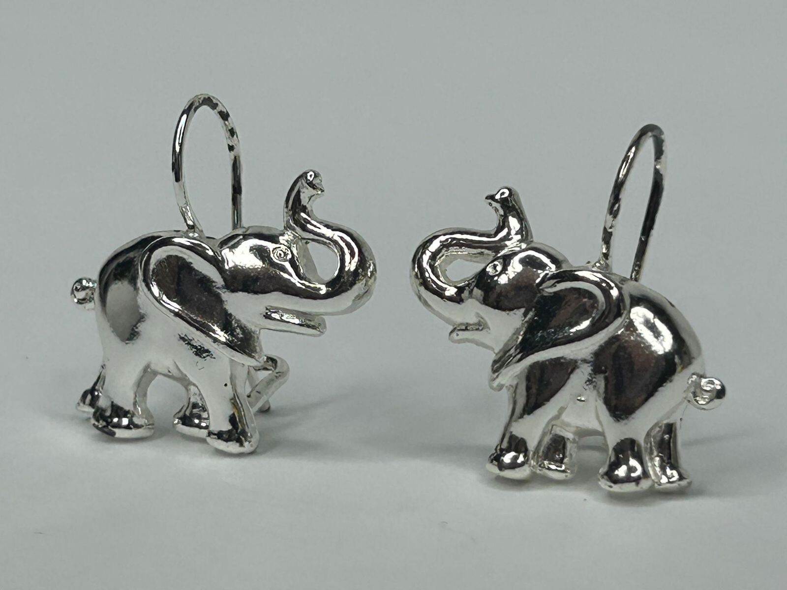 925 Elephant Earrings 0.75in Drop Silver Tone French Wire Detailed Trunk Up