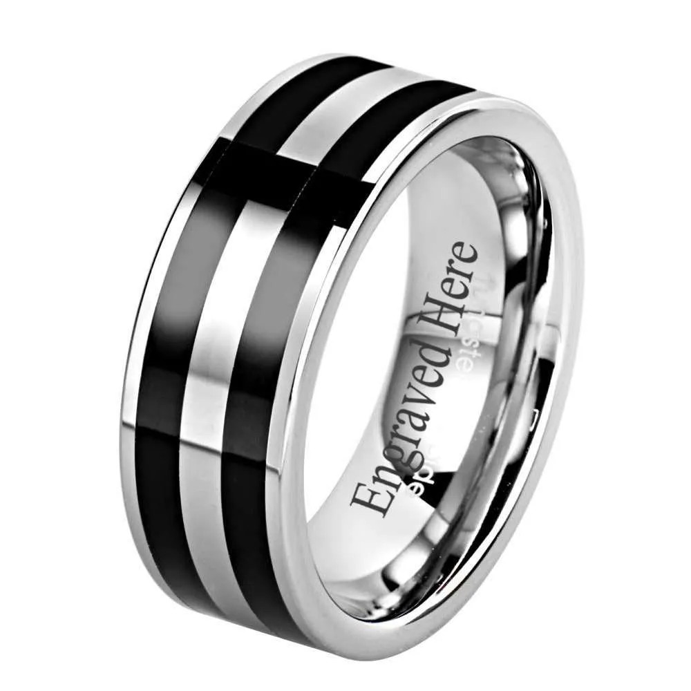 8mm Tungsten Carbide Black Resin Inlay Grooved Wedding Band