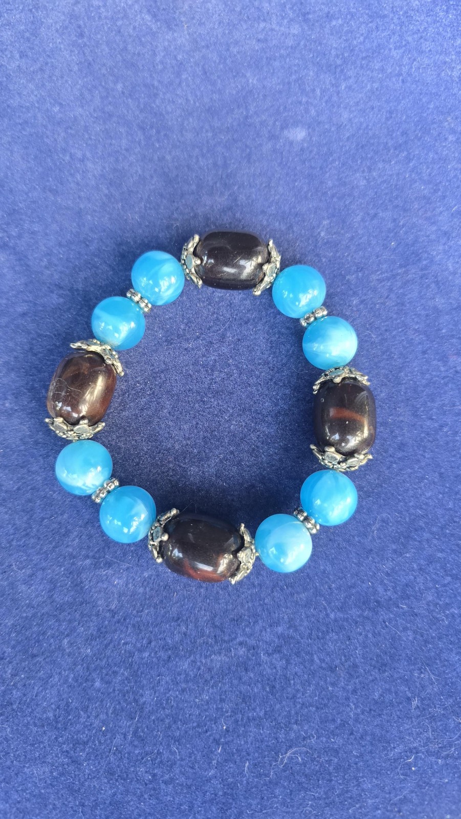 Blue Brown Beaded Stretch Bracelet Womens Silver Tone Boho Jewelry Fashion