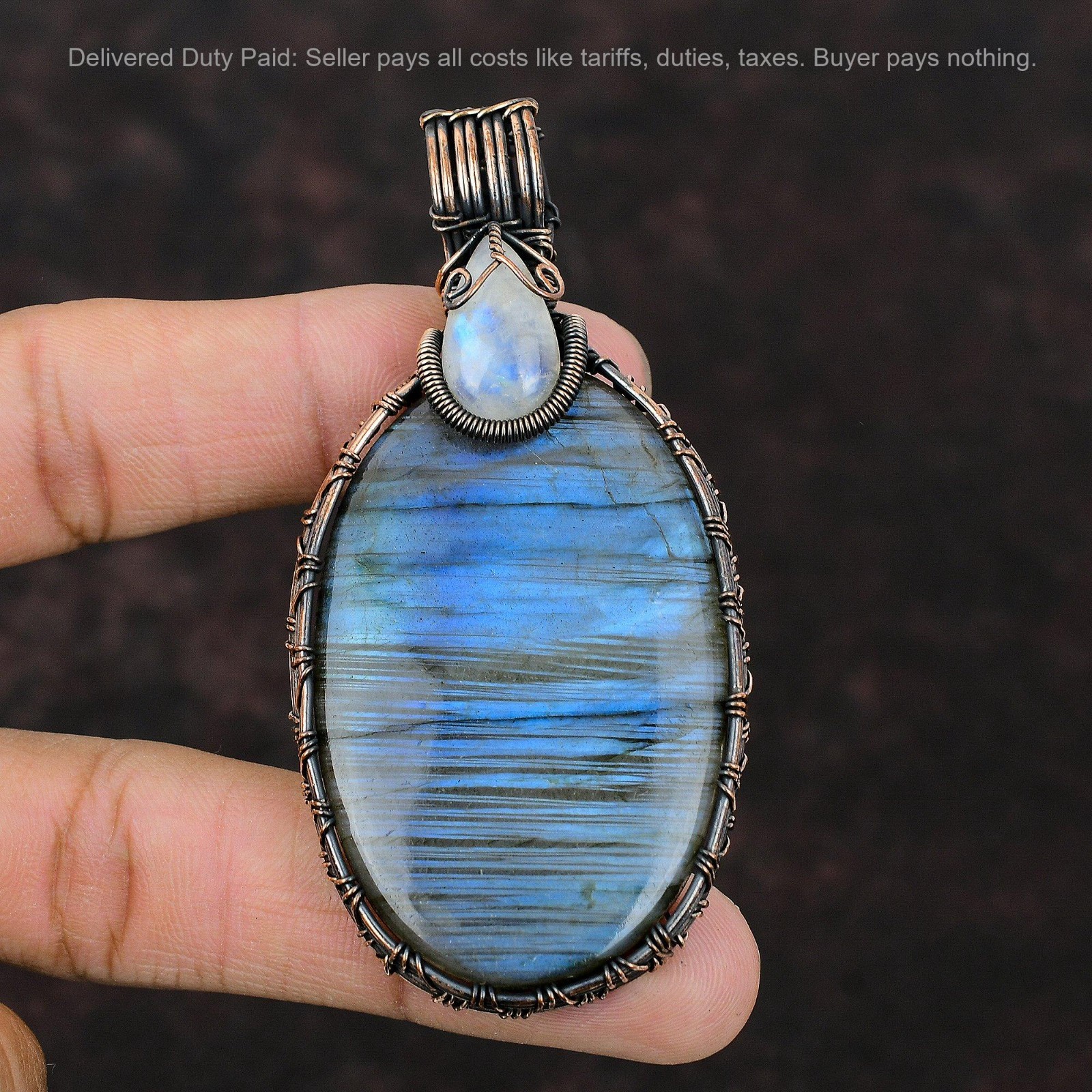 Labradorite Gemstone Rainbow Moonstone Copper Wire Wrapped Boho Pendant Jewelry