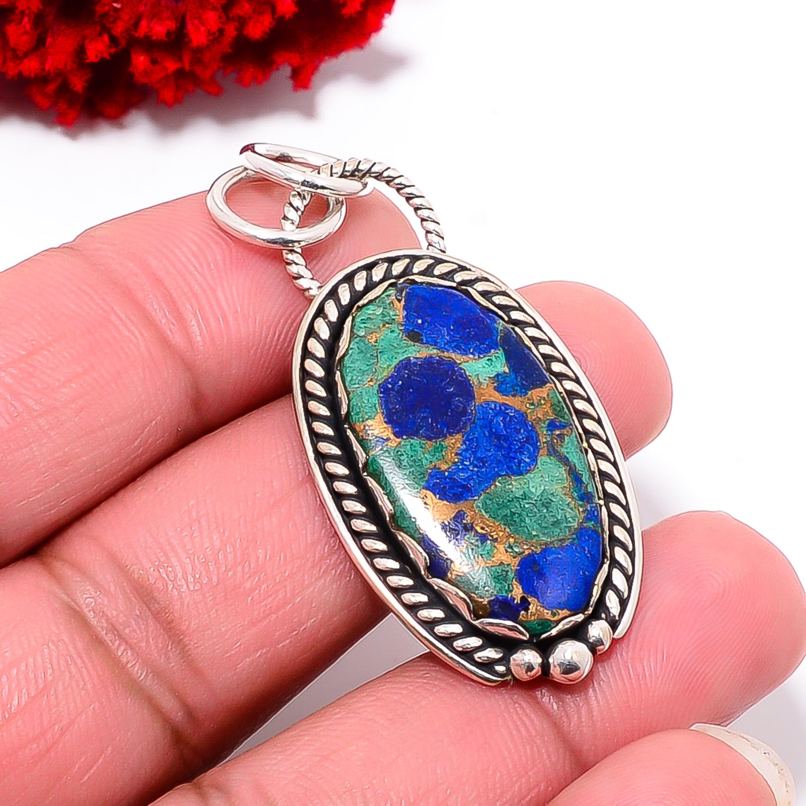 Copper Azurite Chrysocolla Handmade 925 Sterling Silver Pendant 1.79 P99869