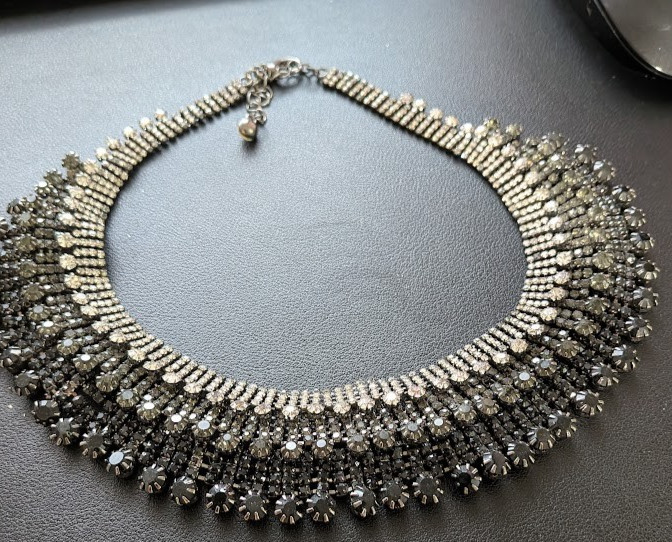 Vtg Style Black Rhinestone Choker Necklace Statement Prom Costume 14″ Adj