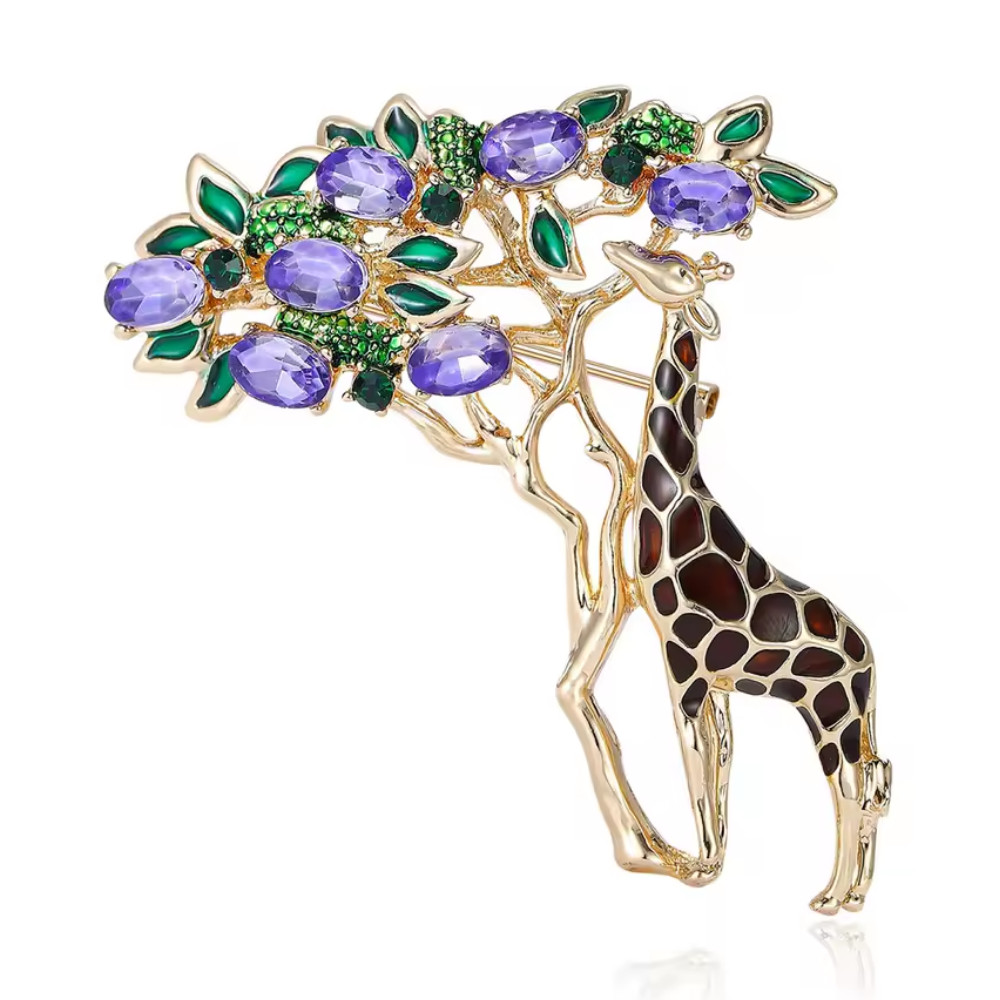 Fall Giraffe Tree Brooch – Vintage Gold Crystal Animal Pin Autumn Jewelry Gift