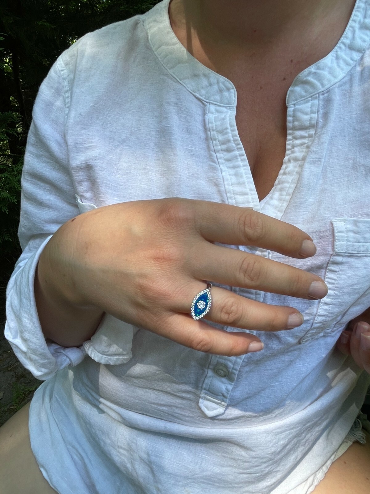 Real 925 Silver Evil Eye Blue Opal CZ Ring Girls Ladies Size 5 6 7 8 9 10