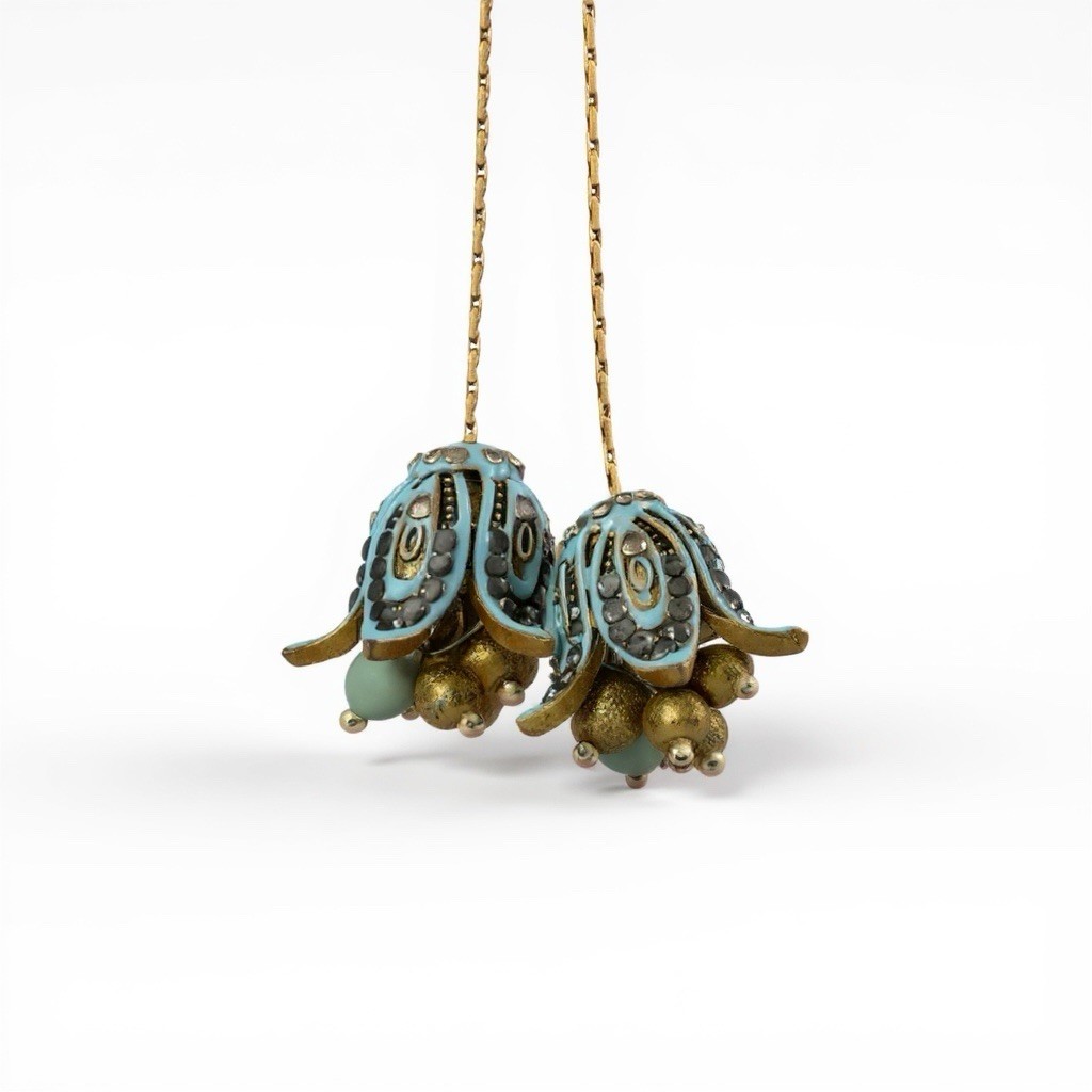 Museum Flower Earrings Filigree Art Nouveau VTG Gold Antique Bell Boho Chain CZ