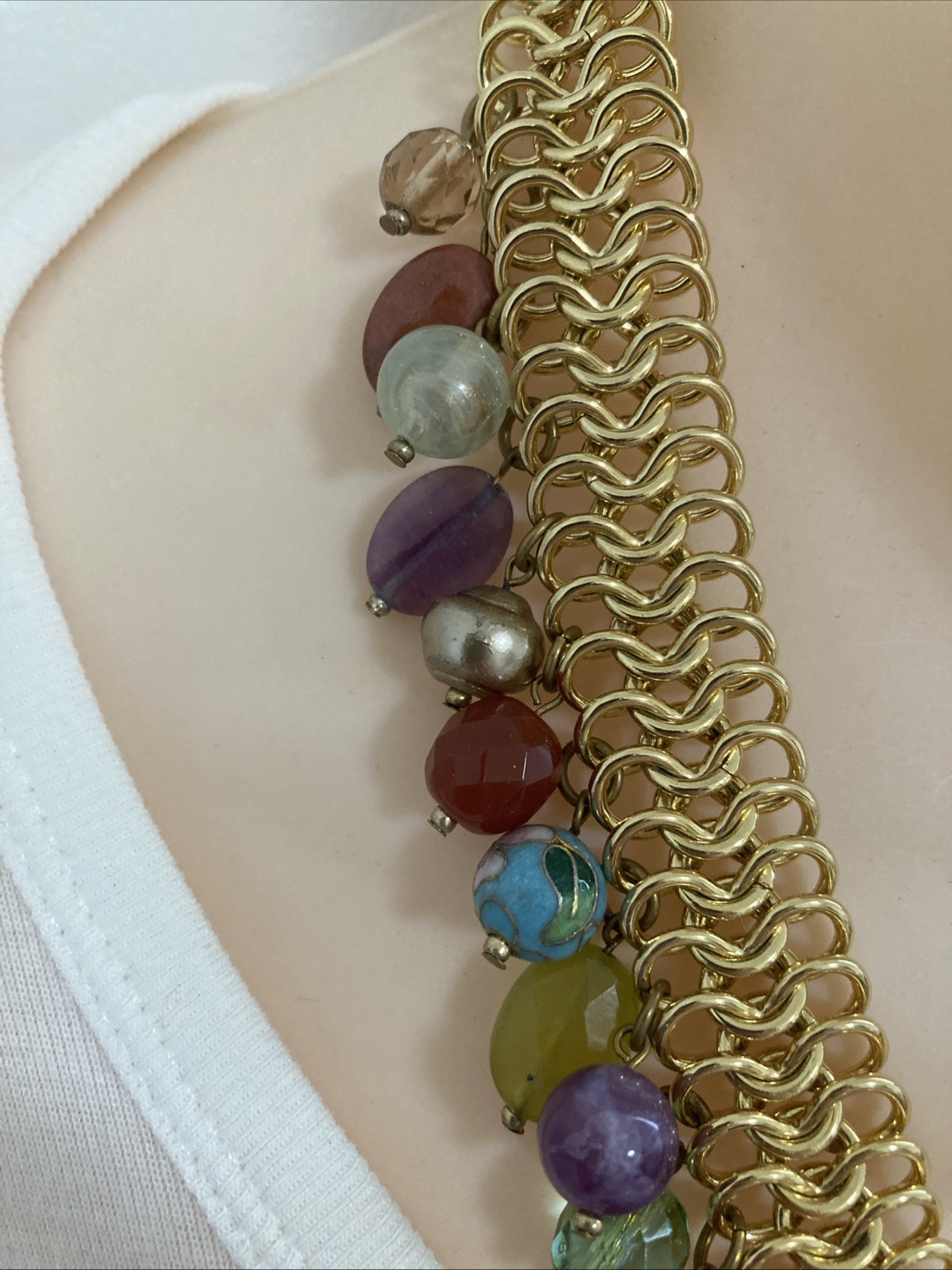 R J GRAZIANO Necklace Gold Tone Gemstone Cloisonne Glass Beads Dangles Jewelry