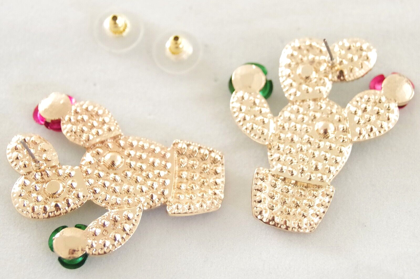 1.75″ BETSEY JOHNSON CRYSTAL RHINESTONE CACTI w 3D METAL CACTUS FLOWERS EARRINGS