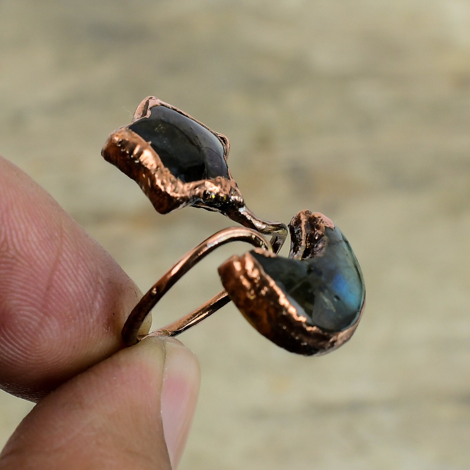 Labradorite Electroformed Moon And Star Adjustable Ring Size Adjustable Copper