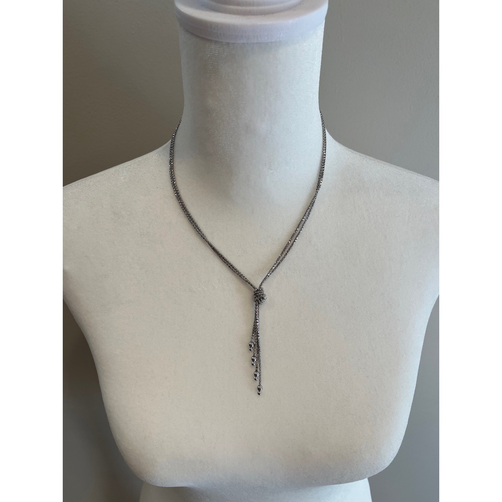 Chicos Silver Tone Double Strand Mesh Lariat Tassel Knot Necklace Jewelry