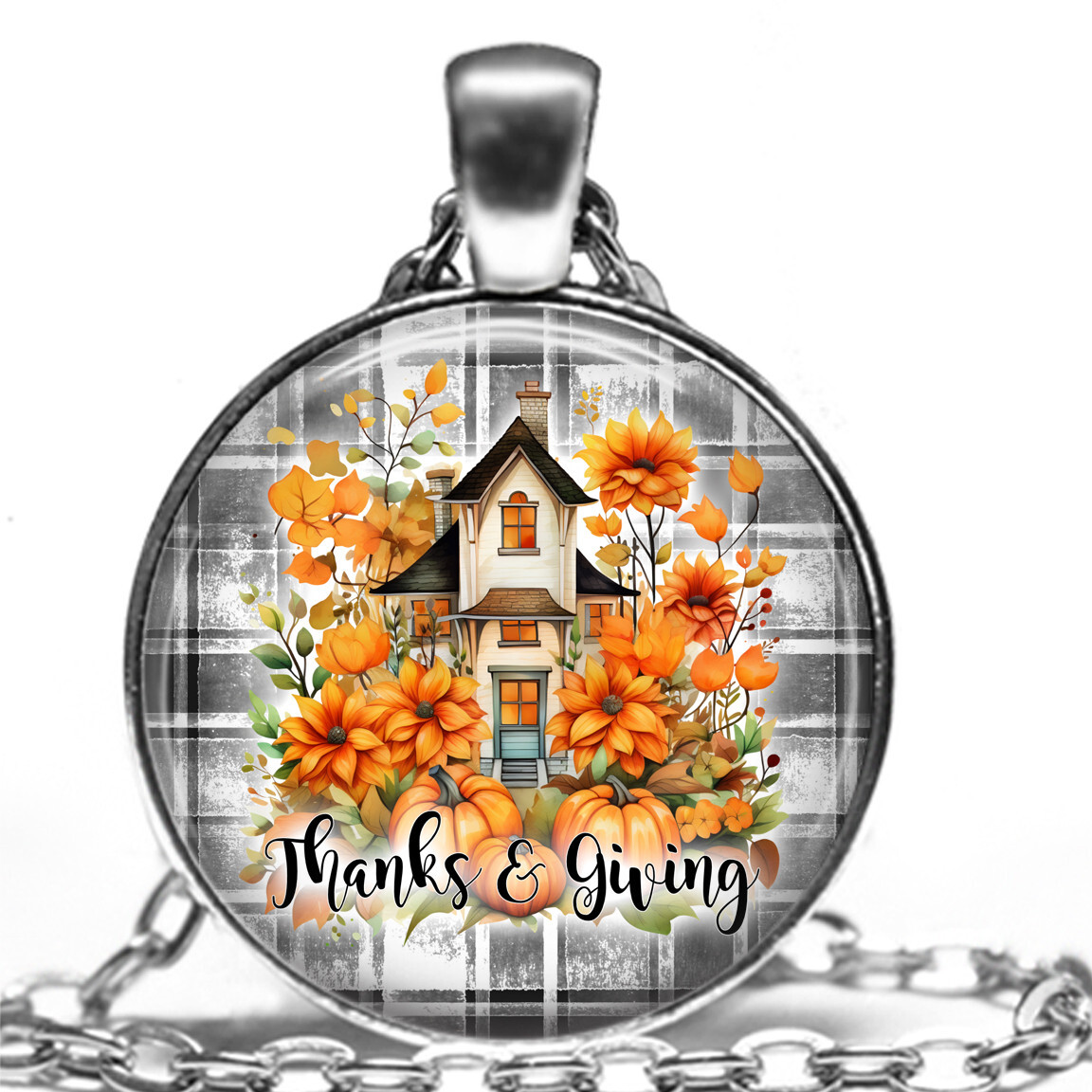 Farmhouse Pumpkins Flowers Thanks & Giving Family Love Thanksgiving Necklace 24″