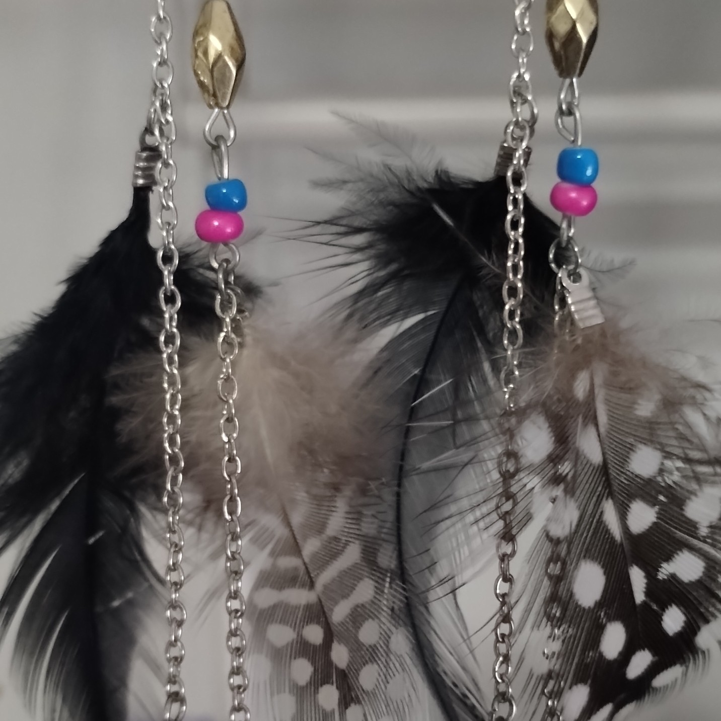 12 Inch Long Dangle/Drop Feather Earrings, Multicolor Beaded Silver-Tone Chain