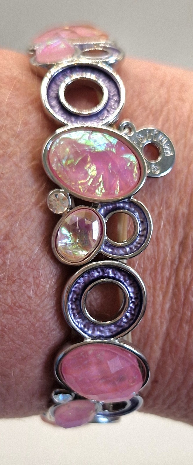 Silver Tone Stretch Bar Link Bracelet Pink Oval Glass Cabochons Purple Enamel