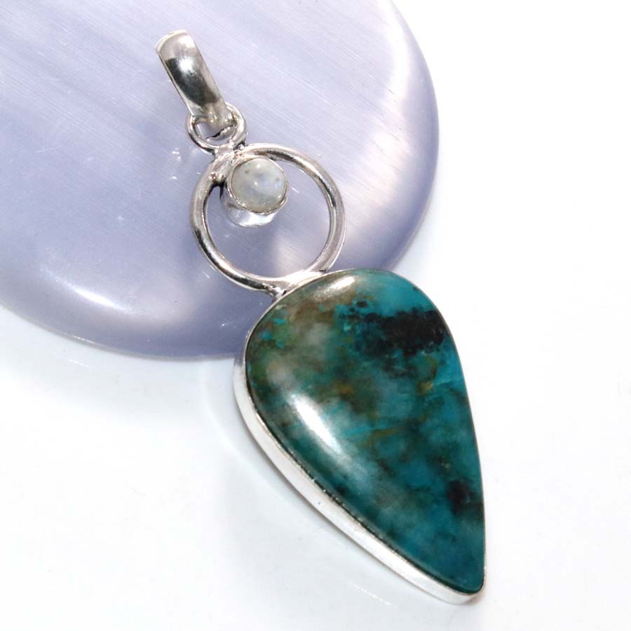 Long Chrysocolla Rainbow Moonstone 925 Silver Plated Pendant 2.3″ Trendy MJ