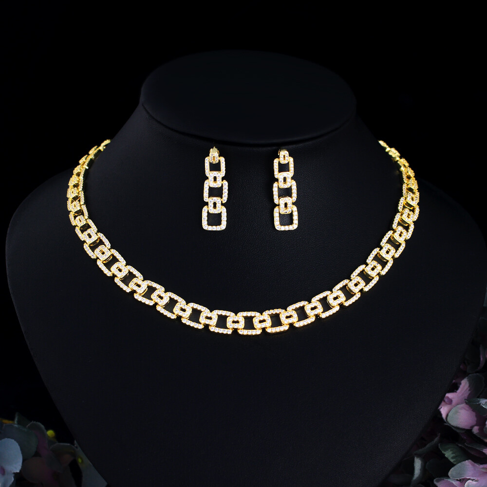 Luxurious Cuban Link Tennis Wedding Necklace Earrings Gold Plated CZ Jewelry Set
