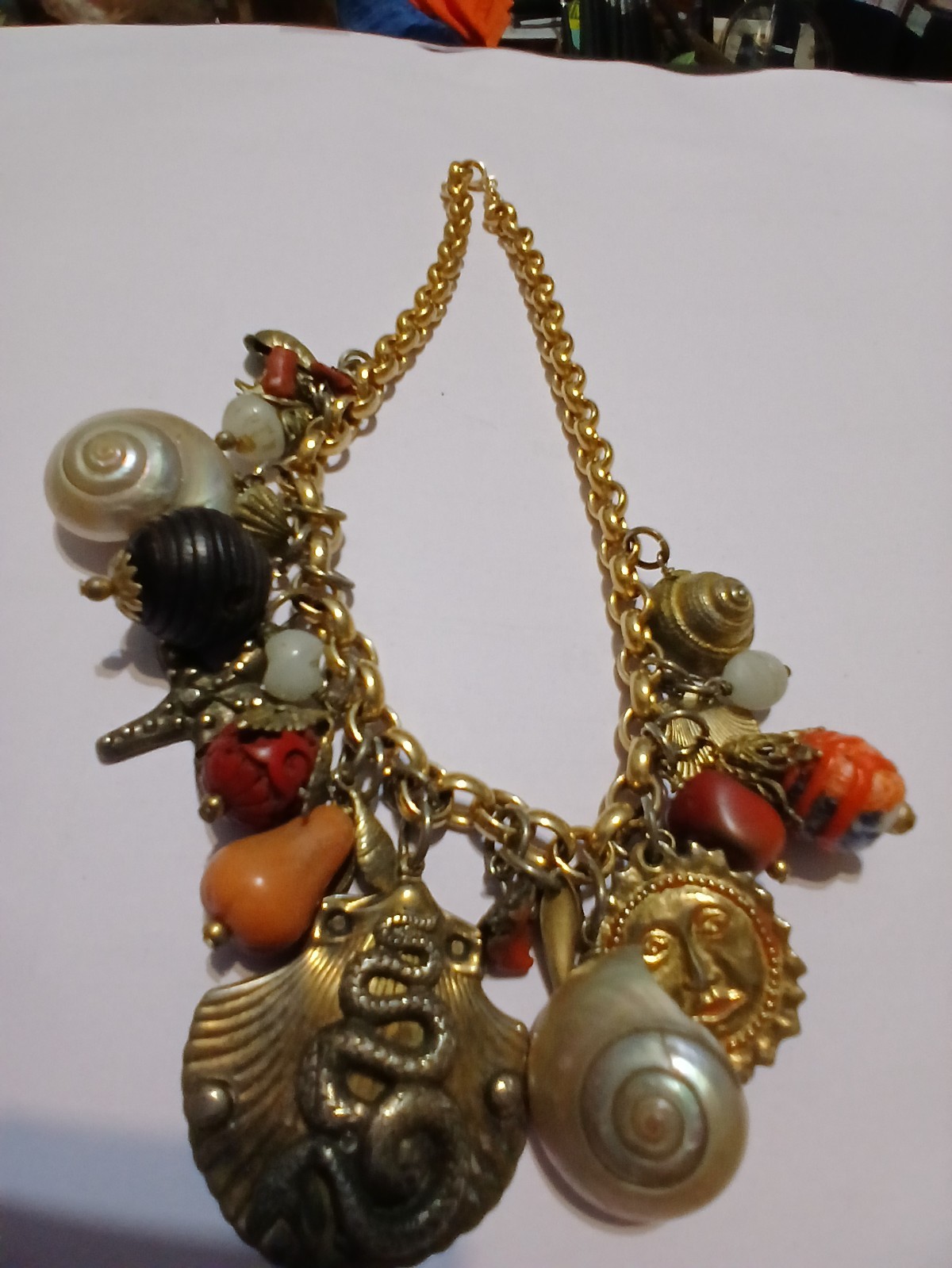 Gold Tone Nautical Charm Necklace SHELLS REAL Starfish , Coral, SEA SNAKE