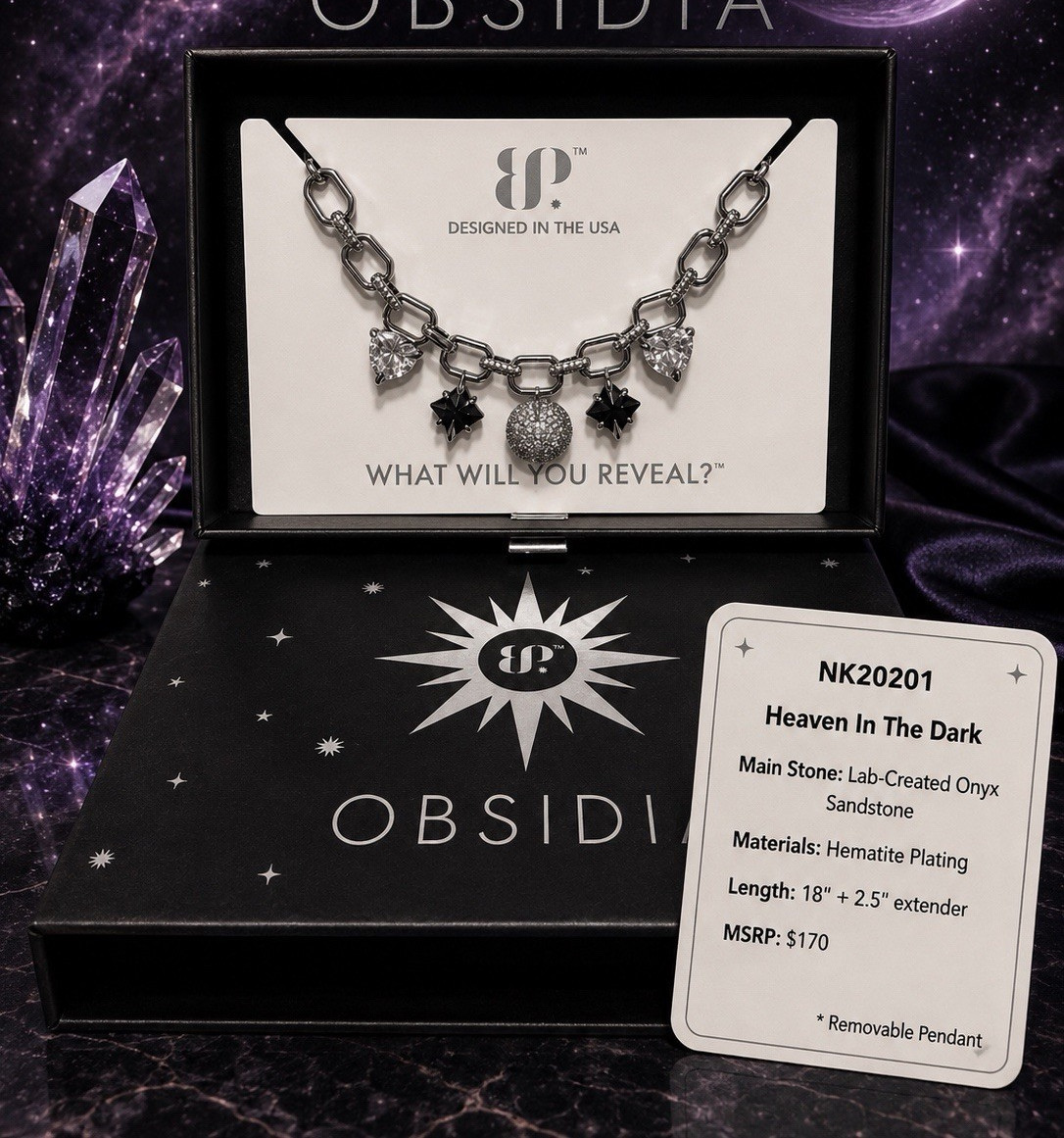 Obsidia NK20201 Charm Link Necklace Removable Pendant Onyx 18″ + Extender