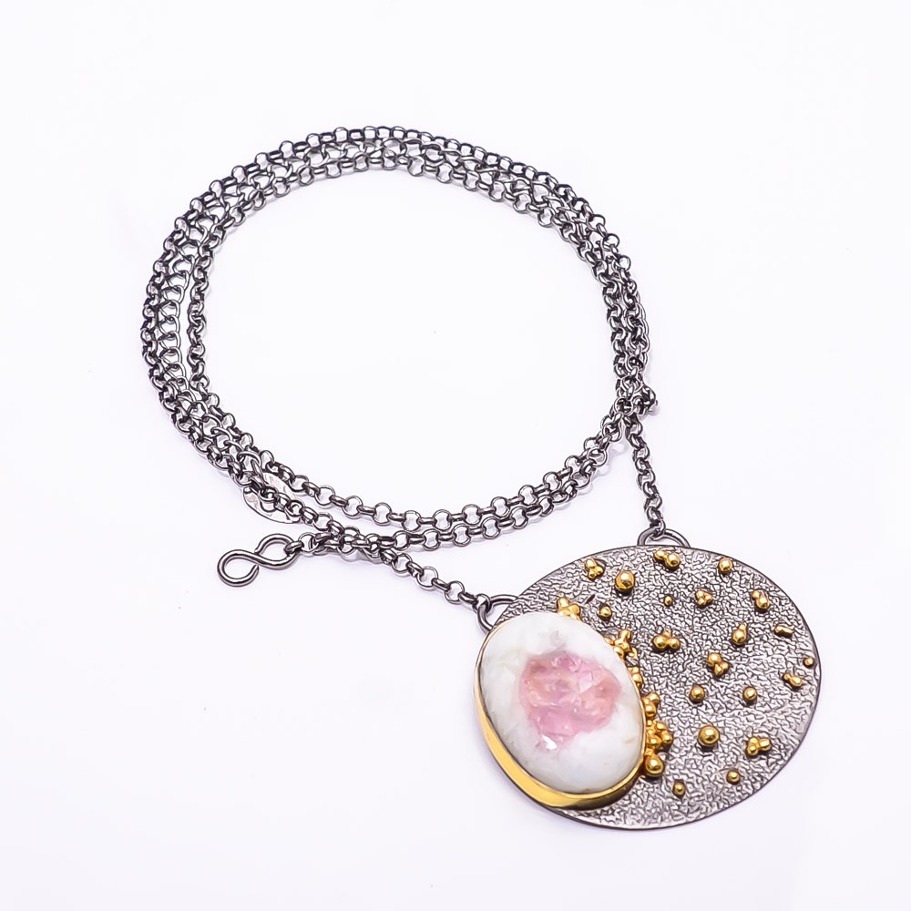 Pink Rubellite Tourmaline Black And Gold Rhodium 925 Silver Necklace 19.99″ N_20