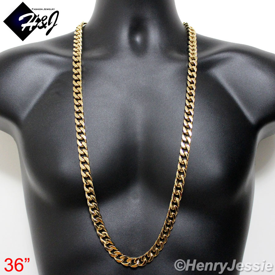 36″MEN’s Stainless Steel HEAVY WIDE 11x5mm Gold Plated Cuban Curb Chain Necklace