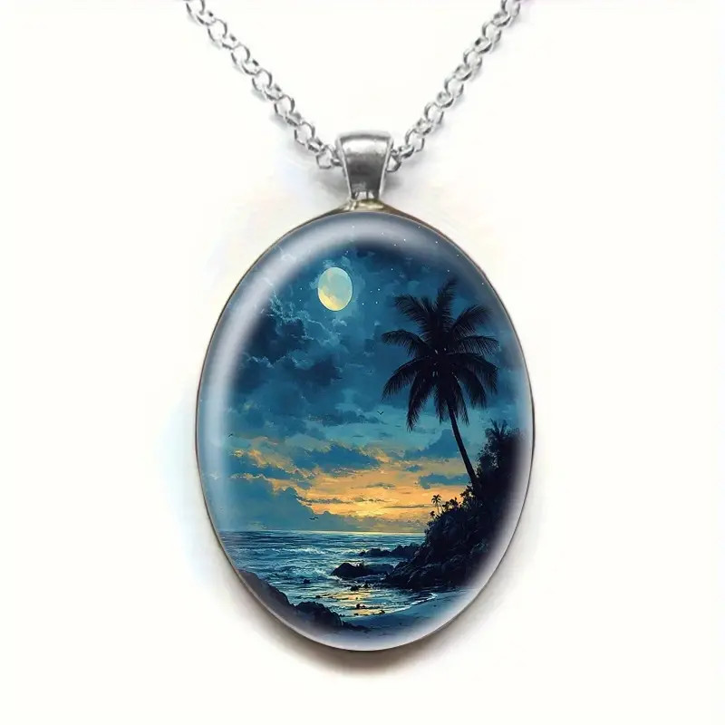 Tropical Moonlit Beach Oval Pendant Necklace