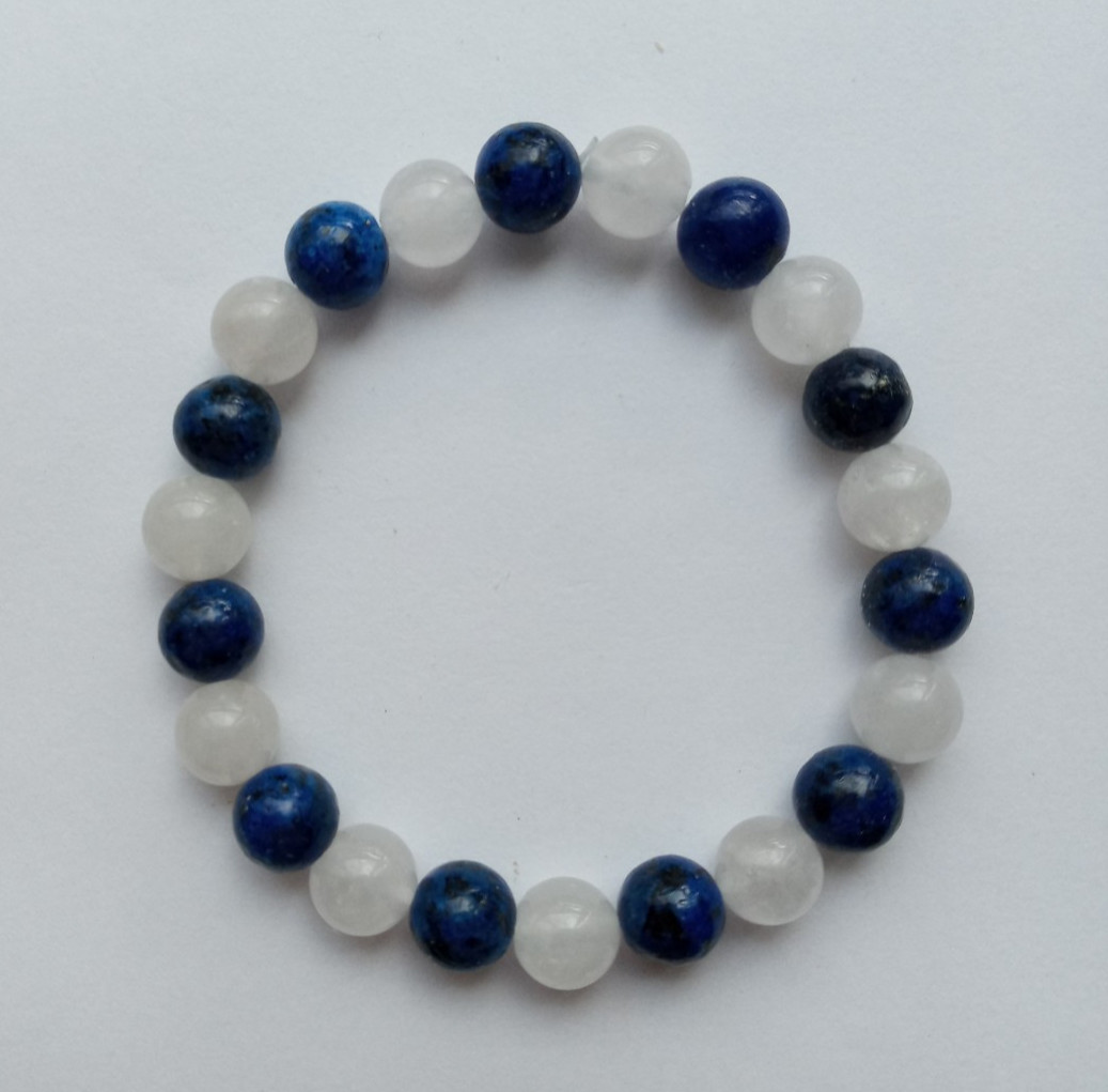 NEW, BUY ANY 2 GET 3RD FREE, 8MM LAPIS & SNOW QUARTZ BEADED BRACELET