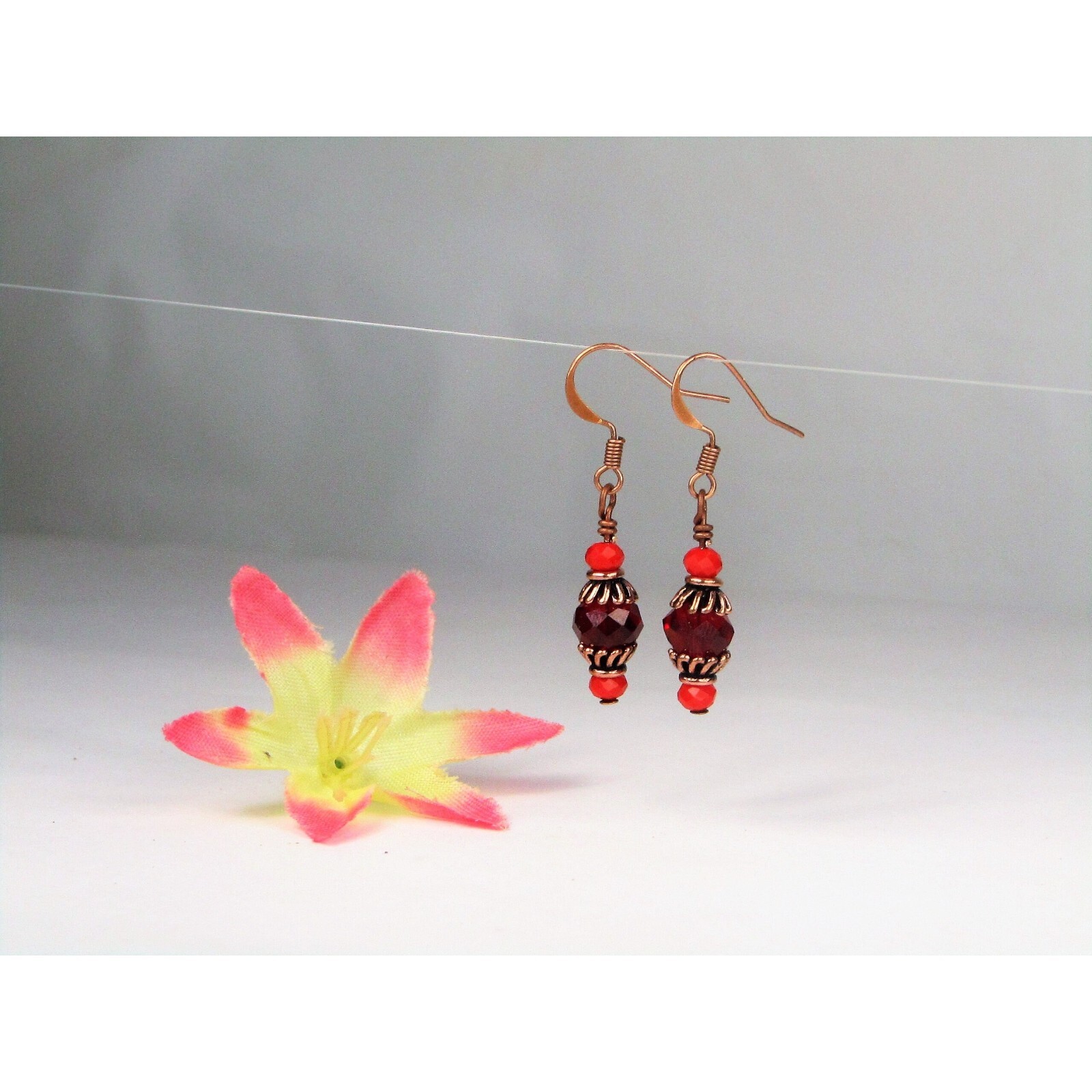 Sparkling Red Crystal Copper Dangle Earrings, Ladies Fashion Handmade Jewelry