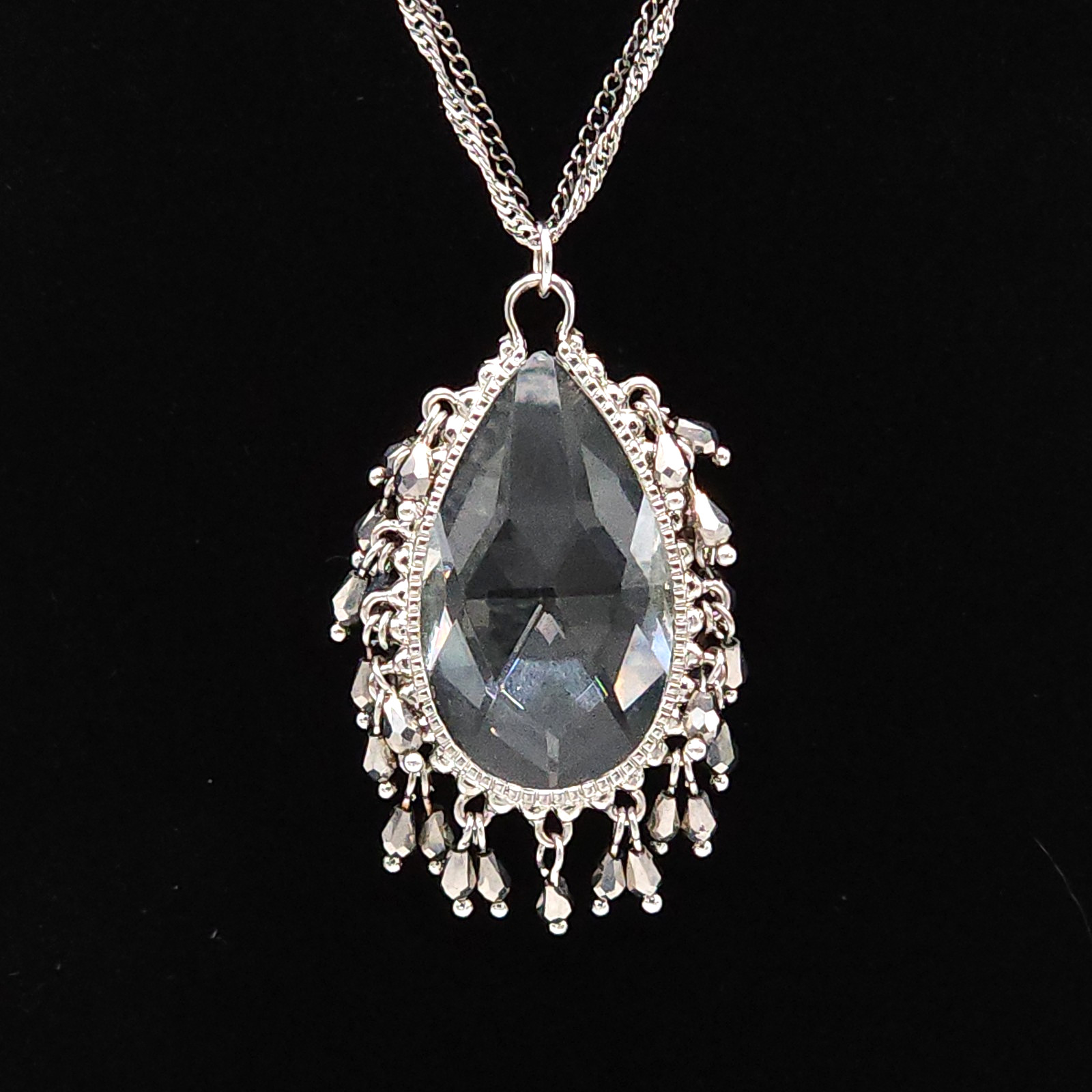 Silver Tone Crystal Teardrop Pendant Necklace Double Strand Adjustable 32-35in