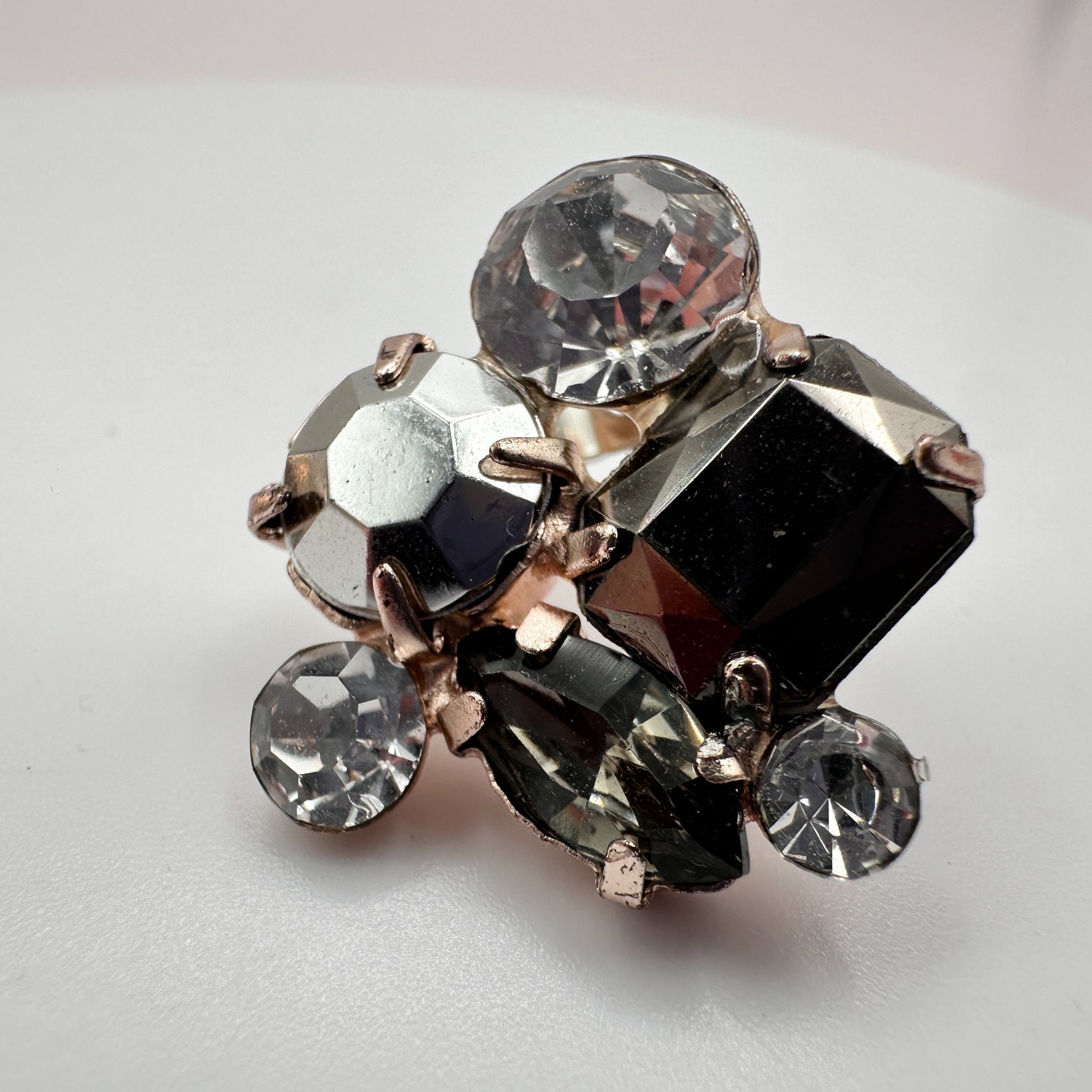 Vintage 80s Smoky Crystal Cluster Stud Earring Rose Gold Tone Statement Jewelry